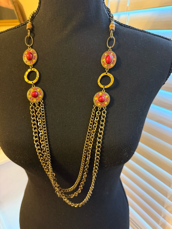 Jewelry - Gold-Tone Long Necklace with Red Cabochon Accents